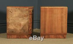 Antique English Pair of Art Deco Burr Walnut Bedside Chests Tables Nightstands