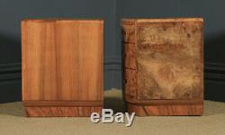 Antique English Pair of Art Deco Burr Walnut Bedside Chests Tables Nightstands