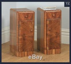 Antique English Pair of Art Deco Burr Walnut Serpentine Bedside Chests Cupboards