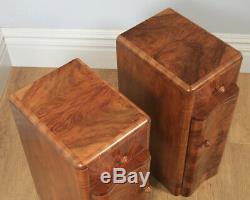 Antique English Pair of Art Deco Burr Walnut Serpentine Bedside Chests Cupboards