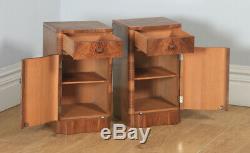 Antique English Pair of Art Deco Burr Walnut Serpentine Bedside Chests Cupboards