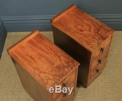 Antique English Pair of Art Deco Figured Walnut Bedside Chests / Tables / Stands