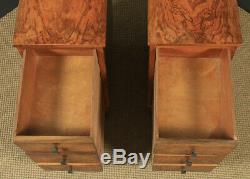 Antique English Pair of Art Deco Figured Walnut Bedside Chests / Tables / Stands