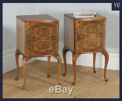 Antique English Pair of Queen Anne Style Burr Walnut Bedside Cabinet Nightstands
