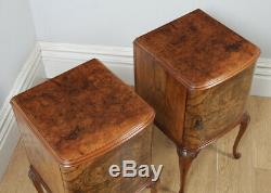 Antique English Pair of Queen Anne Style Burr Walnut Bedside Cabinet Nightstands