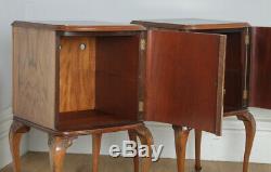 Antique English Pair of Queen Anne Style Burr Walnut Bedside Cabinet Nightstands