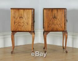 Antique English Pair of Queen Anne Style Burr Walnut Bedside Cabinet Nightstands