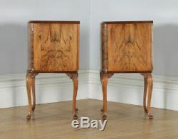 Antique English Pair of Queen Anne Style Burr Walnut Bedside Cabinet Nightstands