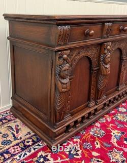 Antique English Renaissance Style Sideboard Server Entry Buffet Oak c. 1930-40s