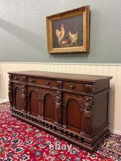 Antique English Renaissance Style Sideboard Server Entry Buffet Oak c. 1930-40s