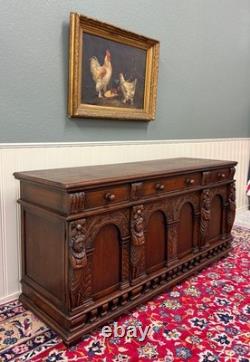 Antique English Renaissance Style Sideboard Server Entry Buffet Oak c. 1930-40s