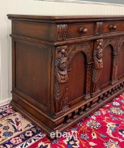 Antique English Renaissance Style Sideboard Server Entry Buffet Oak c. 1930-40s