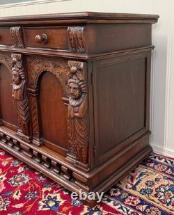Antique English Renaissance Style Sideboard Server Entry Buffet Oak c. 1930-40s
