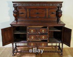 Antique English Solid Oak Buffet Sideboard Server with Barley Twist c1920 y88