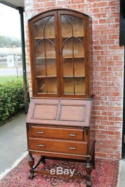 Antique English Tiger Oak Art Deco 2 Drawer Secretary Desk / Glass Door Bookcase