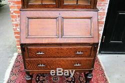 Antique English Tiger Oak Art Deco 2 Drawer Secretary Desk / Glass Door Bookcase