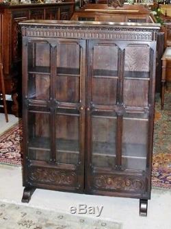 Antique English Wallace King's Norwich Oak Glass Door Bookcase / Display Cabinet
