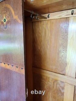 Antique Englush Oak Wardrobe Cabinet Armoire Storage Beveled Mirror Art Deco