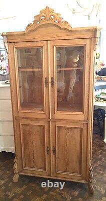Antique European Austrian Pine Cupboard with Glass Doors Two Locking Areas 1880's