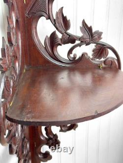 Antique Extra-Large Victorian Mahogany Carved Wall Hanging Corner Shelf