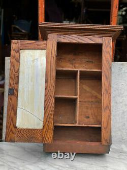 Antique Farmhouse Oak Mirrored Wall Hanging Medicine Cabinet