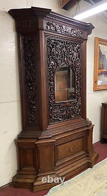 Antique French Black Forest Style Heavily Carved Oak Display Gun Cabinet 96.5