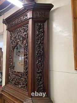 Antique French Black Forest Style Heavily Carved Oak Display Gun Cabinet 96.5