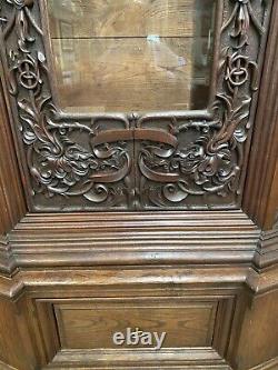 Antique French Black Forest Style Heavily Carved Oak Display Gun Cabinet 96.5