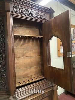 Antique French Black Forest Style Heavily Carved Oak Display Gun Cabinet 96.5