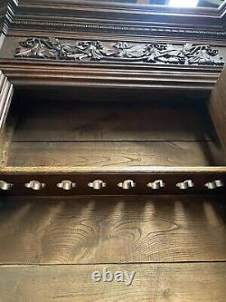 Antique French Black Forest Style Heavily Carved Oak Display Gun Cabinet 96.5