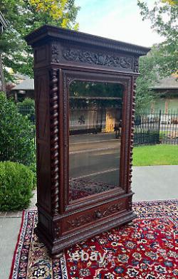 Antique French Bookcase Cabinet Display BARLEY TWIST Oak Renaissance 19th C