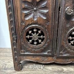 Antique French Breton Salesman's Sample Carved Wood Mini Cabinet Doll Armoire 14