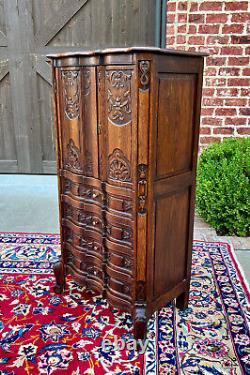 Antique French Cabinet Over Chest 4-Drawers Serpentine Carved Oak c. 1920s