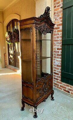 Antique French Carved Oak Glass Vitrine Display Cabinet Bookcase Louis XV style