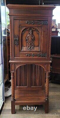 Antique French Carved Oak Gothic Cabinet Display Bookcase Church Furniture