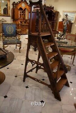 Antique French Carved Oak Gothic Library Steps Ca 1890