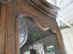 Antique French China Curio Bookcase Carving Old Style Glass Display Oak -Shelves