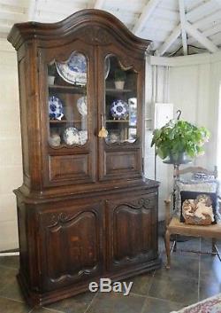 Antique French China Curio Bookcase Carving Old Style Glass Display Oak -Shelves