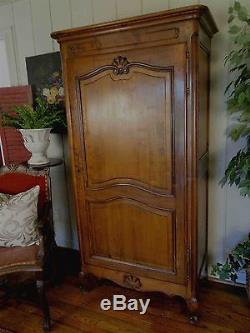 Antique French Country Armoire Tall Narrow Walnut Wardrobe Shell Carving Key Old