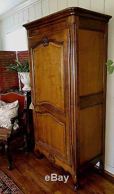 Antique French Country Armoire Tall Narrow Walnut Wardrobe Shell Carving Key Old