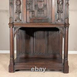 Antique French Gothic Carved Oak Cabinet Stand with Figural Panels Heraldic Door Antique French Gothic Carved Oak Cabinet Stand with Figural Panels Heraldic Door