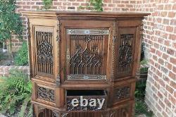 Antique French Gothic Sacristy Vestry Altar Wine Cabinet Bar Catholic Carved Oak