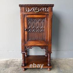 Antique French Gothic Solid Walnut Night Stand/Cabinet With Detailed Carvings