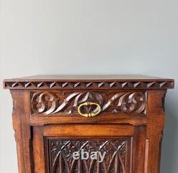 Antique French Gothic Solid Walnut Night Stand/Cabinet With Detailed Carvings