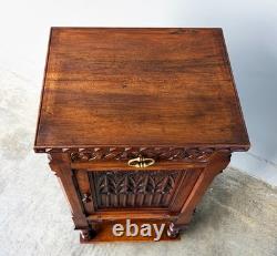 Antique French Gothic Solid Walnut Night Stand/Cabinet With Detailed Carvings