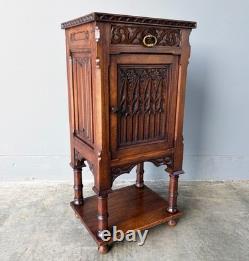 Antique French Gothic Solid Walnut Night Stand/Cabinet With Detailed Carvings