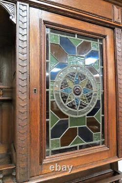 Antique French Hunt Cabinet Carved Gothic Revival With Stained Glass Circa 1880