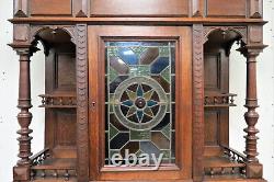 Antique French Hunt Cabinet Carved Gothic Revival With Stained Glass Circa 1880
