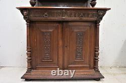 Antique French Hunt Cabinet Carved Gothic Revival With Stained Glass Circa 1880