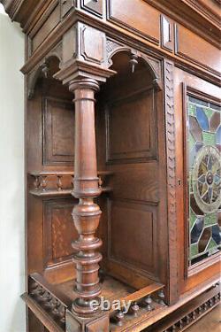 Antique French Hunt Cabinet Carved Gothic Revival With Stained Glass Circa 1880